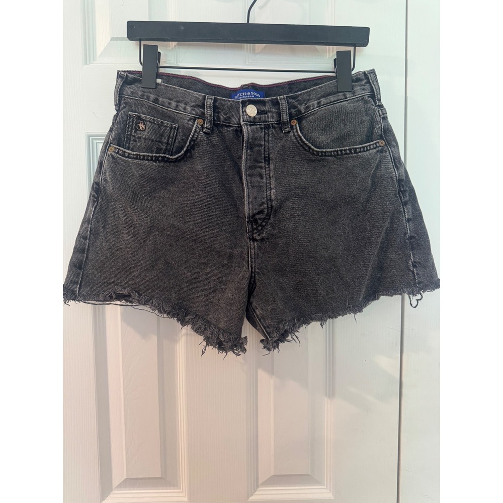 Scotch & Soda The Ray High Waisted Denim Shorts Black Button Fly Frayed Hem. EUC